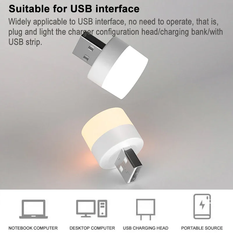 8 Pieces USB Night Light Mini LED Table Lamp Plug-In Light Bulb Portable Power Bank Charging USB Book Lights Small Round Reading