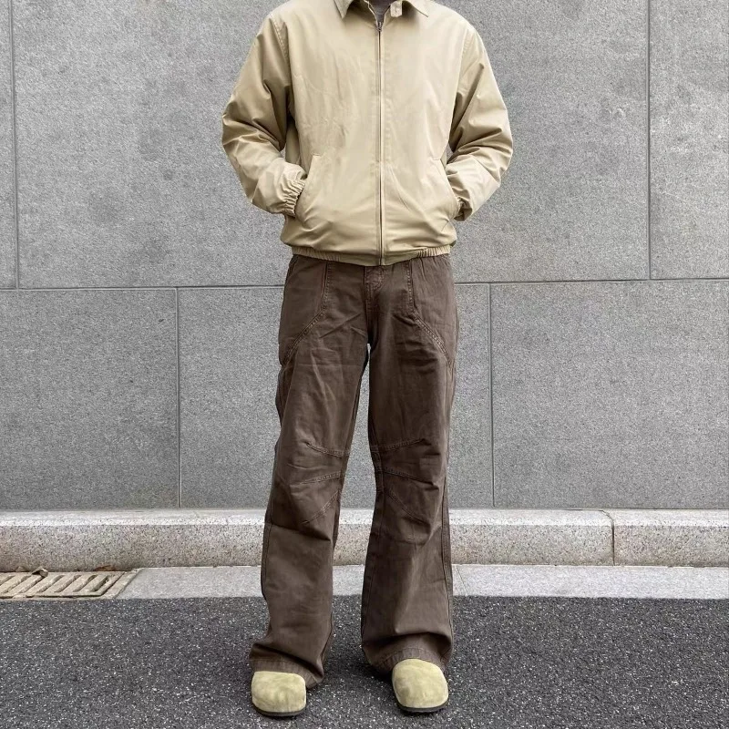 

Retro Washed Distressed Cargo Trousers Men Loose Straight Jeans