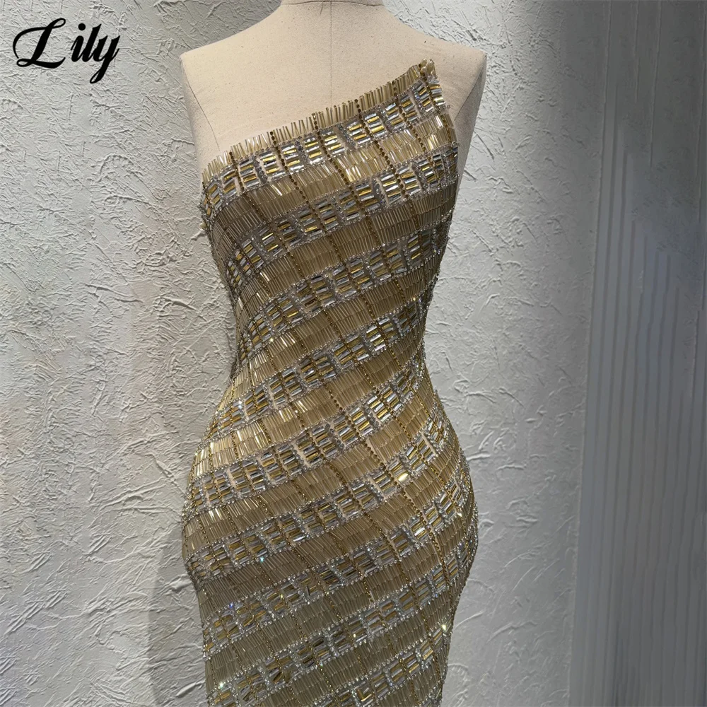 Lily Gold Party Dress Diagonal Beaded Mermaid Evening Dress with Train Formal Gown Sleeveless Prom Gown for Women Customized
