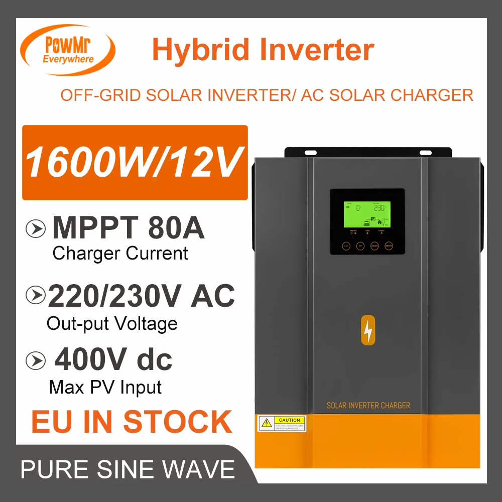 powmr inversor solar hibrido onda senoidal pura com mppt controlador do carregador solar painel solar maximo pv 12v 1600w 2000va 220v 80a mppt 01