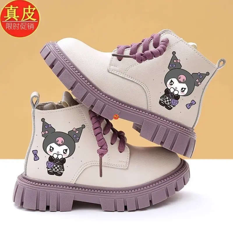 Sanrios Girl Cotton Boots Kuromi Child Autumn Winter Plus Velvet Cotton Boots Soft Bottom Kawaii Genuine Leather Single Boots