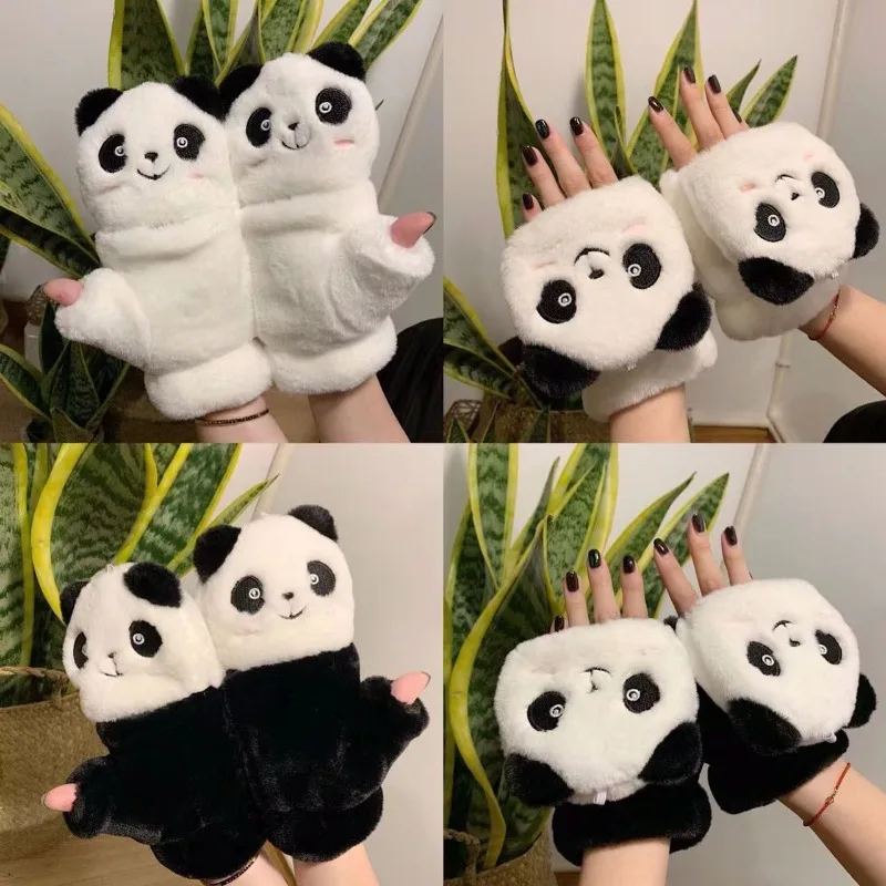 Girls Lovely Panda Plush Gloves Winter Thicken Flip-up Fingerless Mittens for Women Warm Soft Christmas Halloween Gloves