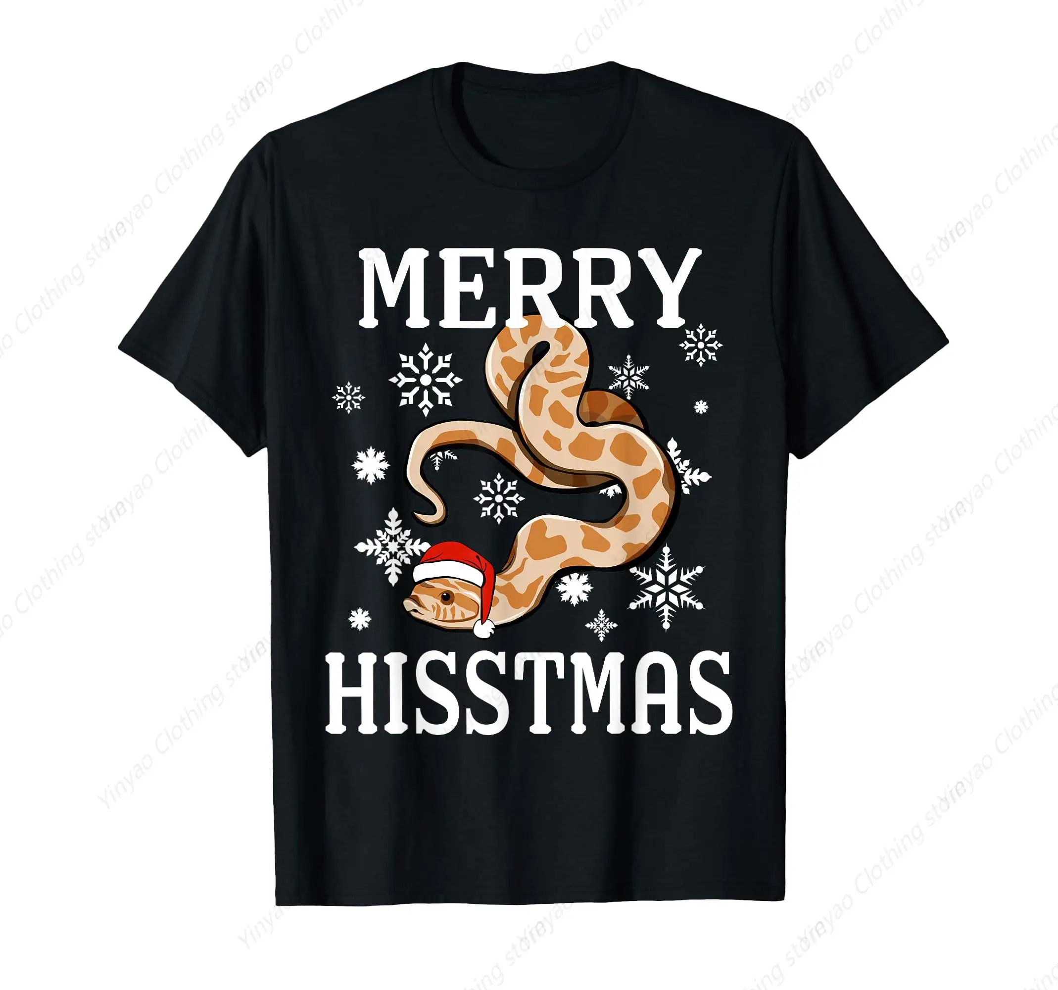 

Pig Nosed Snake Christmas Happy History Pig Wearing Christmas Hat Printed T-Shirt Fun Fashion Black Shirt Pure Cotton