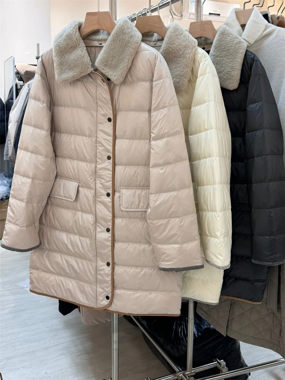 Women's Beading Goose DownJacket Wool Lapel Med-Length Casual Loose Puffer Coats Autumn Winter New