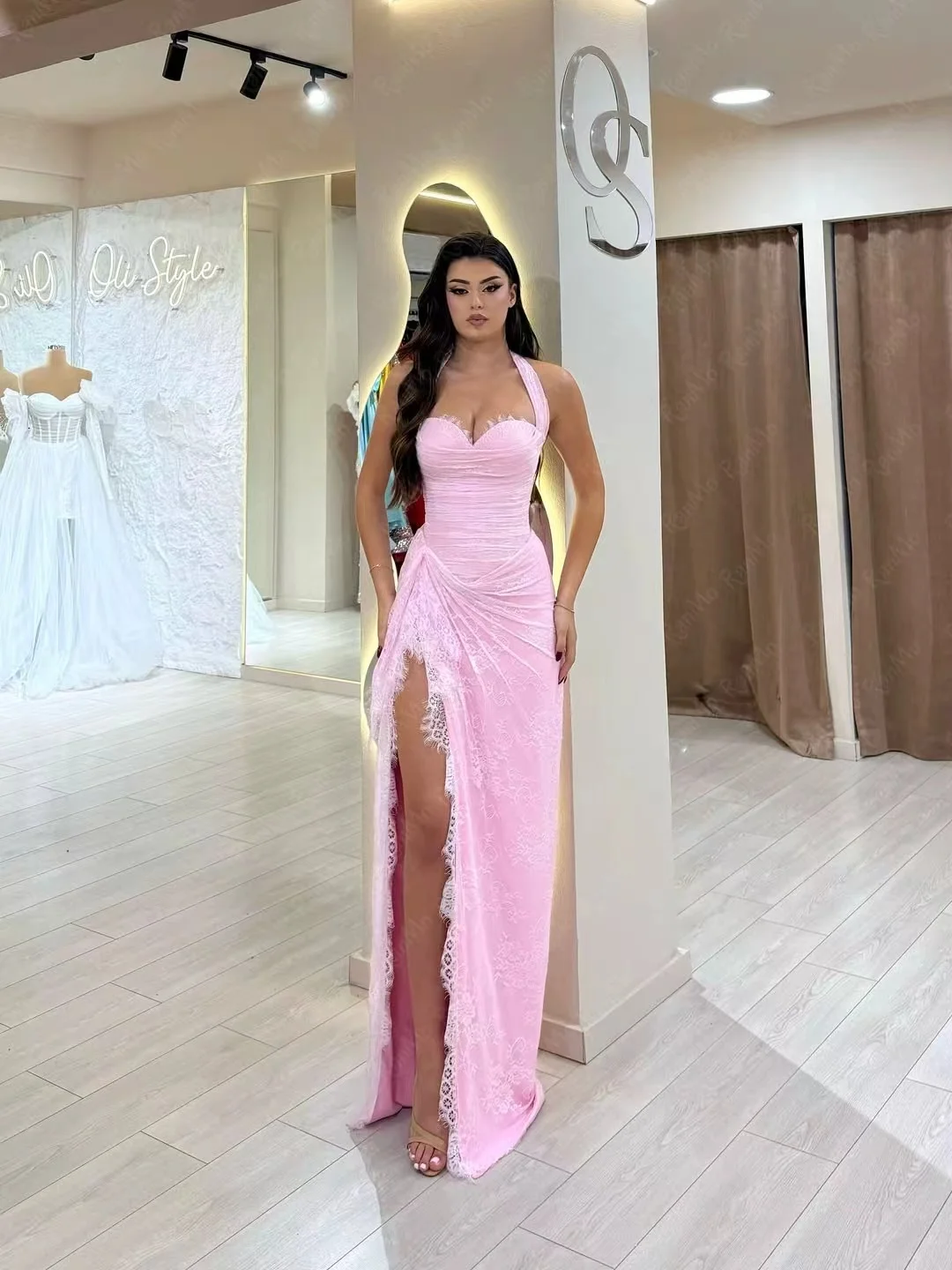 فستان سهرة نسائي فاخر من Ranmo بياقة على شكل قلب وردي 2026 على شكل حرف a وفتحة جانبية عالية وطيات من الدانتيل مخصصة #2