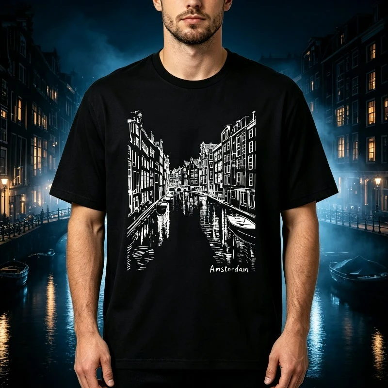 Amsterdam Canal City Skyline Graphic T-Shirt Modal Soft Crewneck Netherlands Travel Front Print Tee