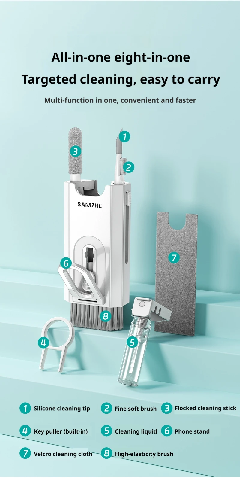 SAMZHE 8-in-1-Reinigungsset, Reinigungsbürste für Computertastaturen, Reinigungsstift für Kopfhörer, Reinigungswerkzeuge für Headsets und Telefone, Tastenkappen-Abzieher – Detail 2