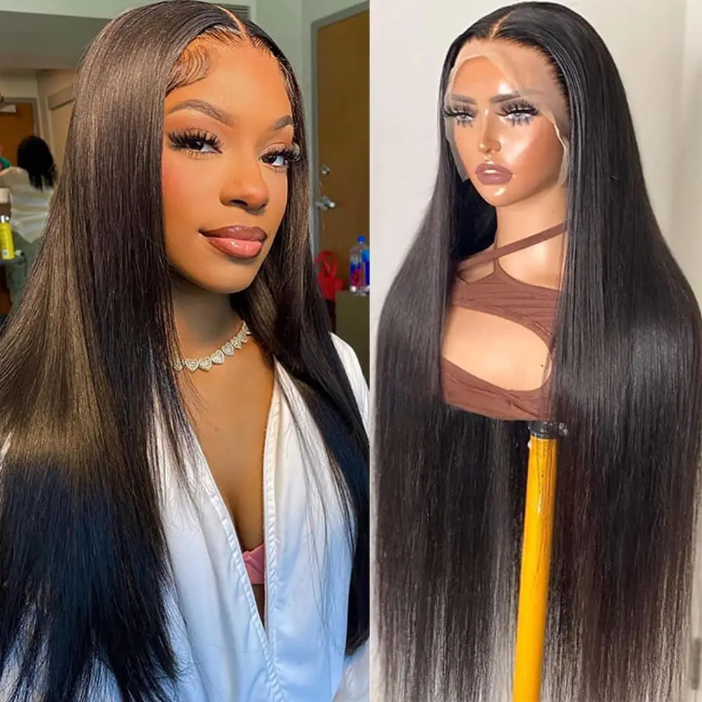 Black 40 Inches Long-length 200% High Density 360 5x5 13x6 13x4 HD Transparent Lace Frontal Wig Bone Straight Natural Color 1B Human Hair Wigs Brazilian Hair For Women Pre Plucked