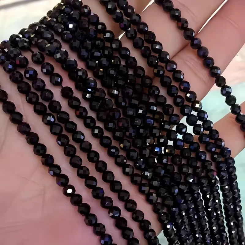 Natural Faceted Black Spinel Crystal tourmaline Agate Loose Round Beads 2/3/4/mm 15Inch For Jewelry Making Bracelet Necklace