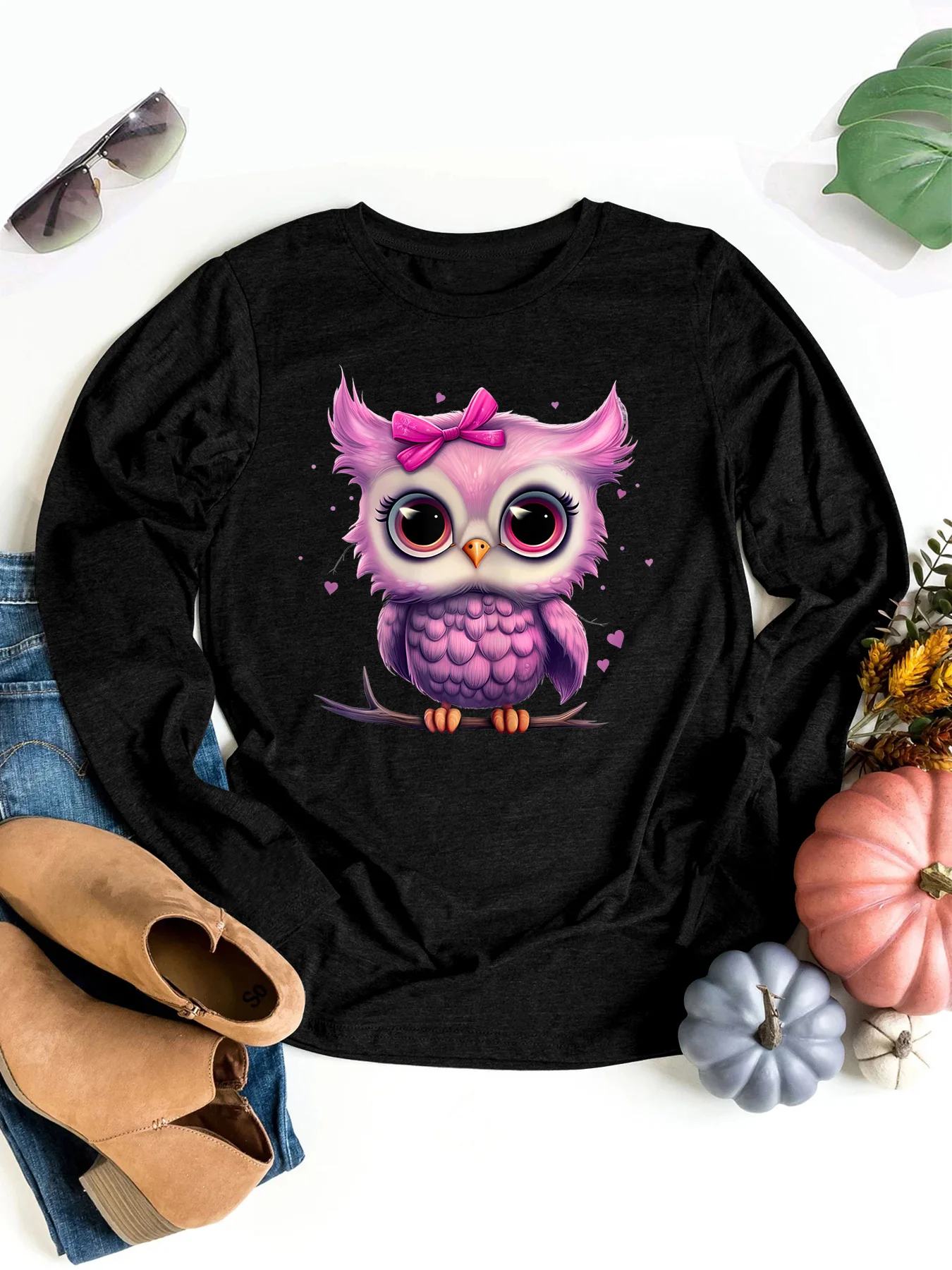 Plus size Cartoon cute bow purple owl print graphic long sleeve T-shirt Retro unisex casual women\'s long sleeve