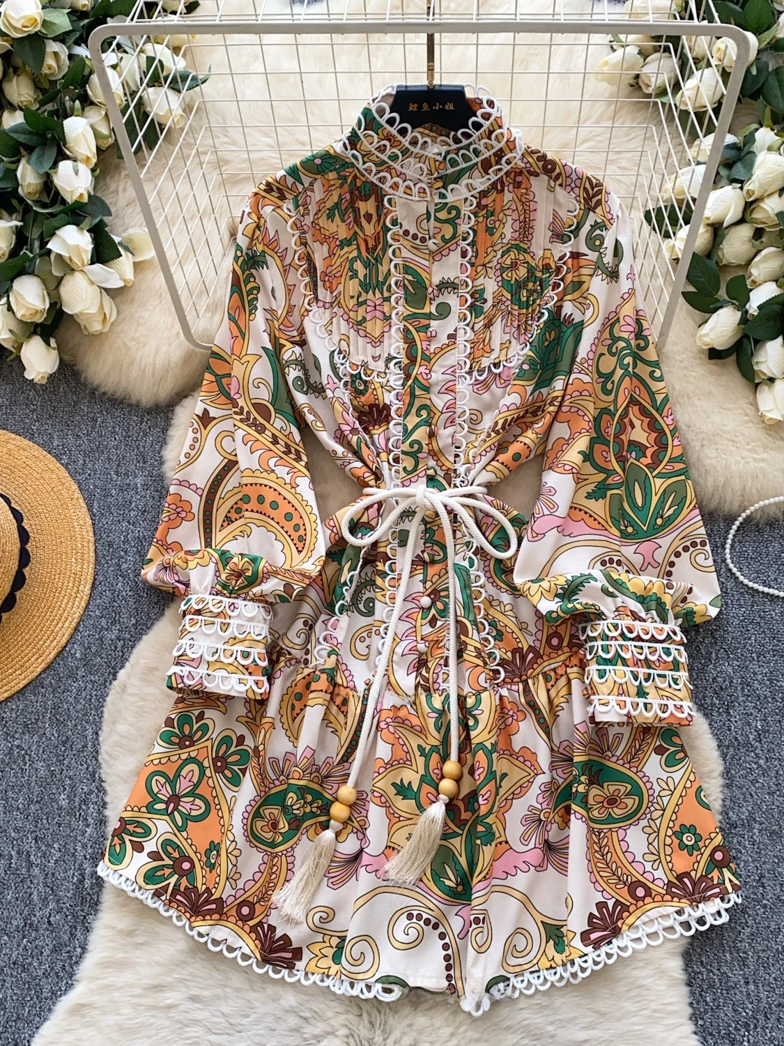 

Женский кардиган с ретро-принтом и длинными рукавами, свободный крой, с кружевными вставками, дышащий, приятный для кожи