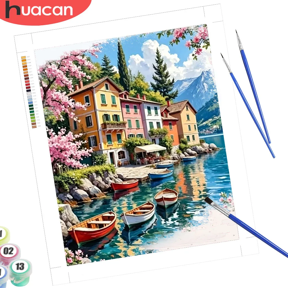HUACAN Painting By Numbers For Adult House Landscape Draw On Canvas Harbor City Seaside Craft Kits Wall Decor