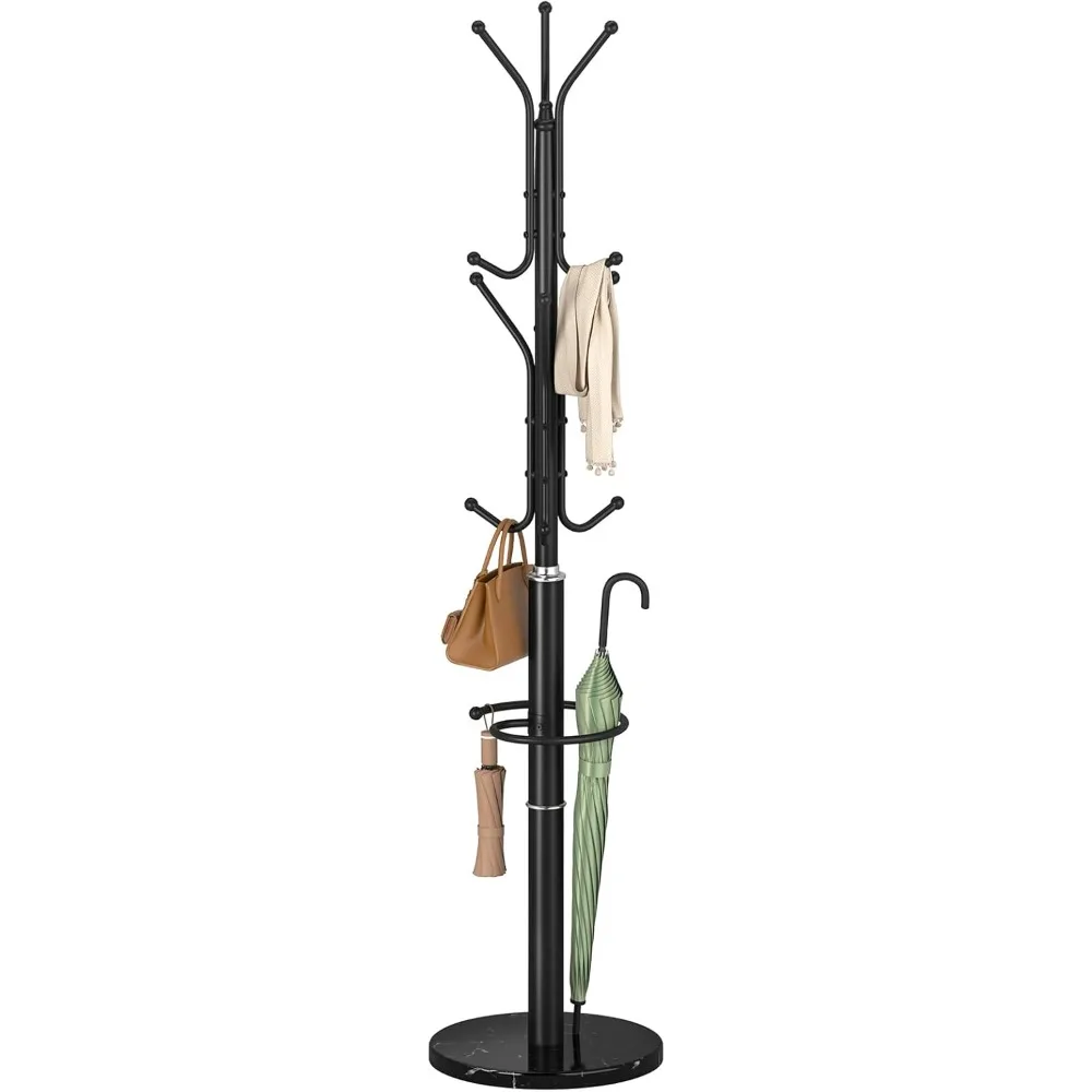 Metal Coat Rack Freestanding with Marble Base, Coat Tree with 12 Hooks & Umbrella Holder, Coat Hanger Stand