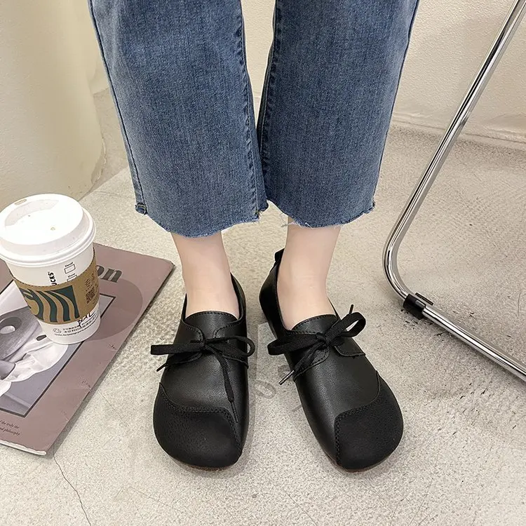 Spring Women Casual Shoes 2024 New Lace Up Leather Flats Zapatos Mujer Autumn Loafers Moccasins Soft Round Toe Ladies Footwear