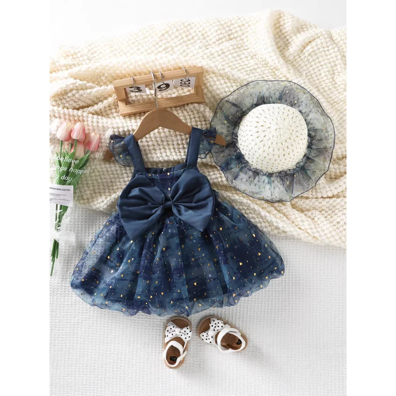 New Summer Children's Clothing Wholesale Heart-shaped Big Bow Girls' Shimmering Tulle Dress ＋Straw hat one piece