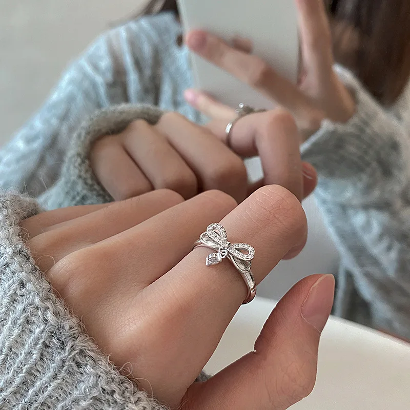 Two Fashion Exquisite Bend Butterfly Bow Knot Animal Inlaid Zircon Copper Silver Colour Ring Woman Party Daily Gift Jewelry