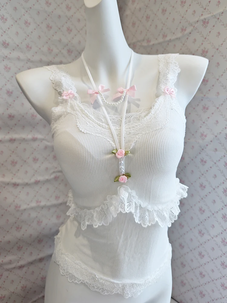 

White Crop Top for Sweet Girls Summer Lace Trim Bows Beads Decoration Slim Cute Tops