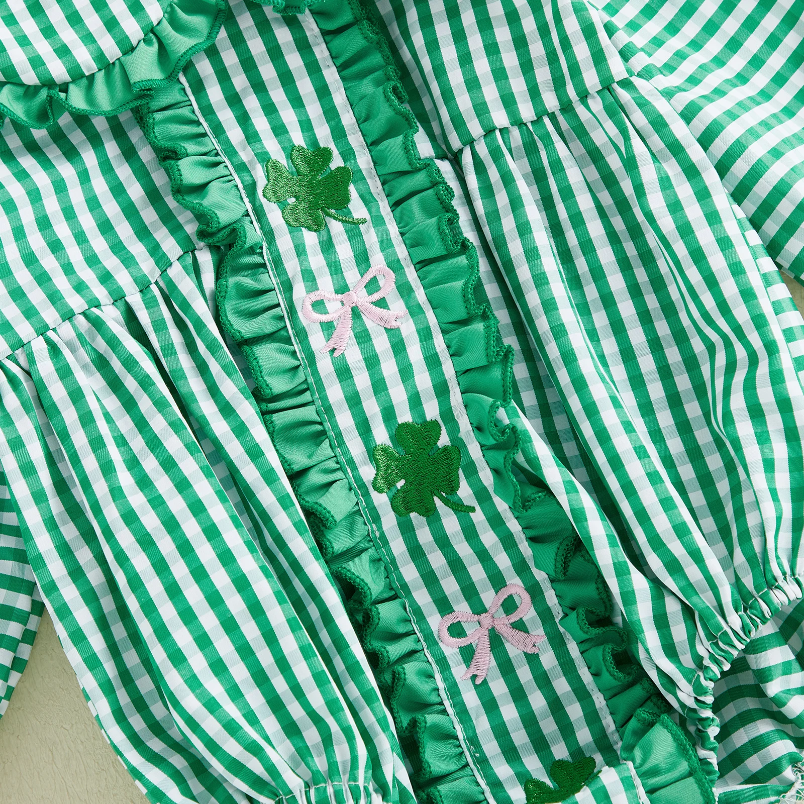 

Комбинезон для девочки с длинным рукавом, воротником-стойкой, вышивкой в виде клевера, в полоску, с повязкой на голову, комплект для сестер в едином стиле