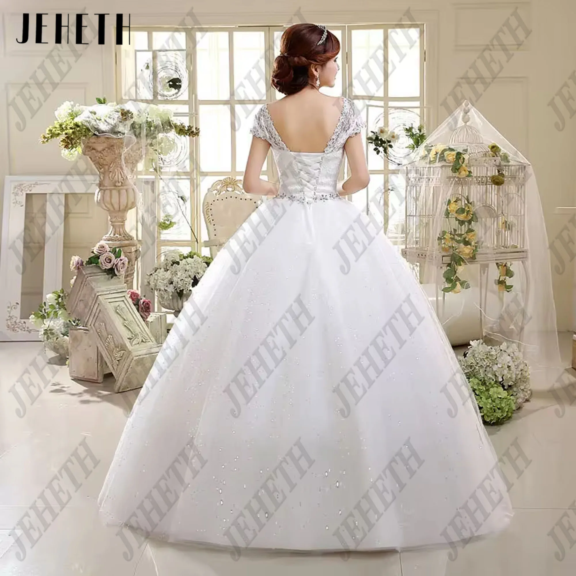 JEHETH Vestidos de talla grande foto Real encaje blanco puro cuello redondo lentejuelas Vestidos de novia baratos princesa Vestidos de novia vestido personalizado Jeheth Big Yard chaleco foto en vivo encaje blanco puro