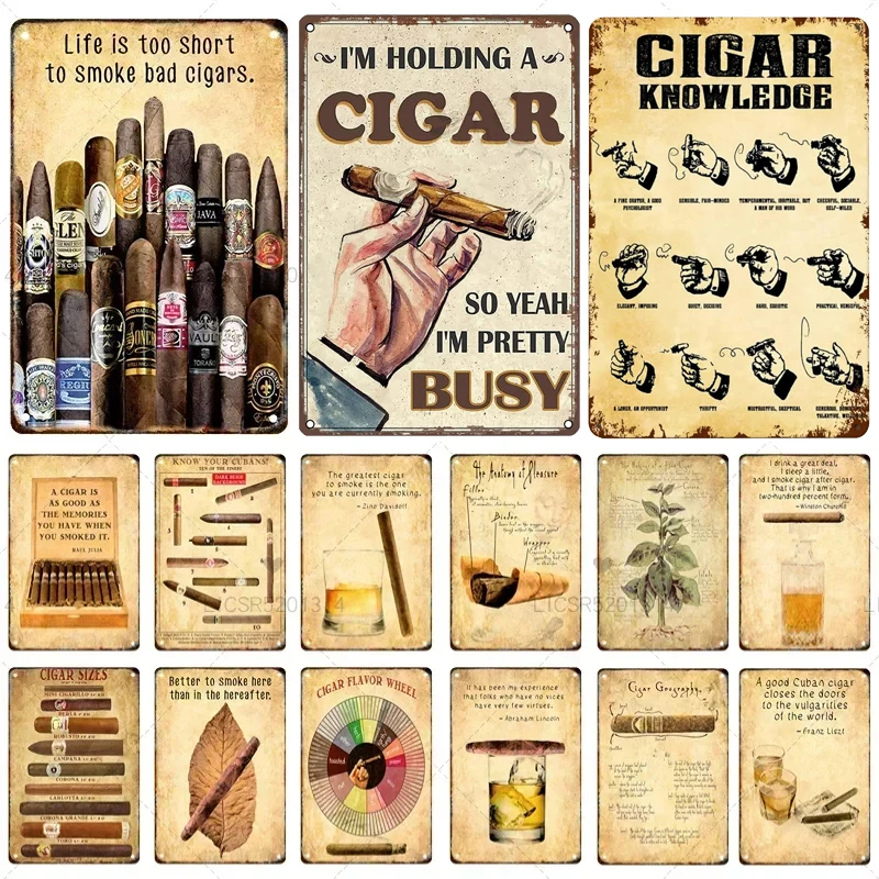 Vintage Cigar Whiskey Tin Sign Cigarette Tobacco Poster Bar Cafe Art Decorative Plate Painting Smoke Area Wall Plaque Sign Decor