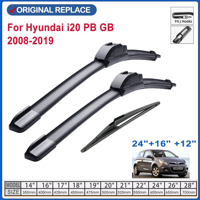 

Car Wiper For Hyundai i20 PB GB 2008-2019 Front Rear Wiper Blades Soft Rubber Windscreen Wipers Auto Windshield 24"+16" +12"