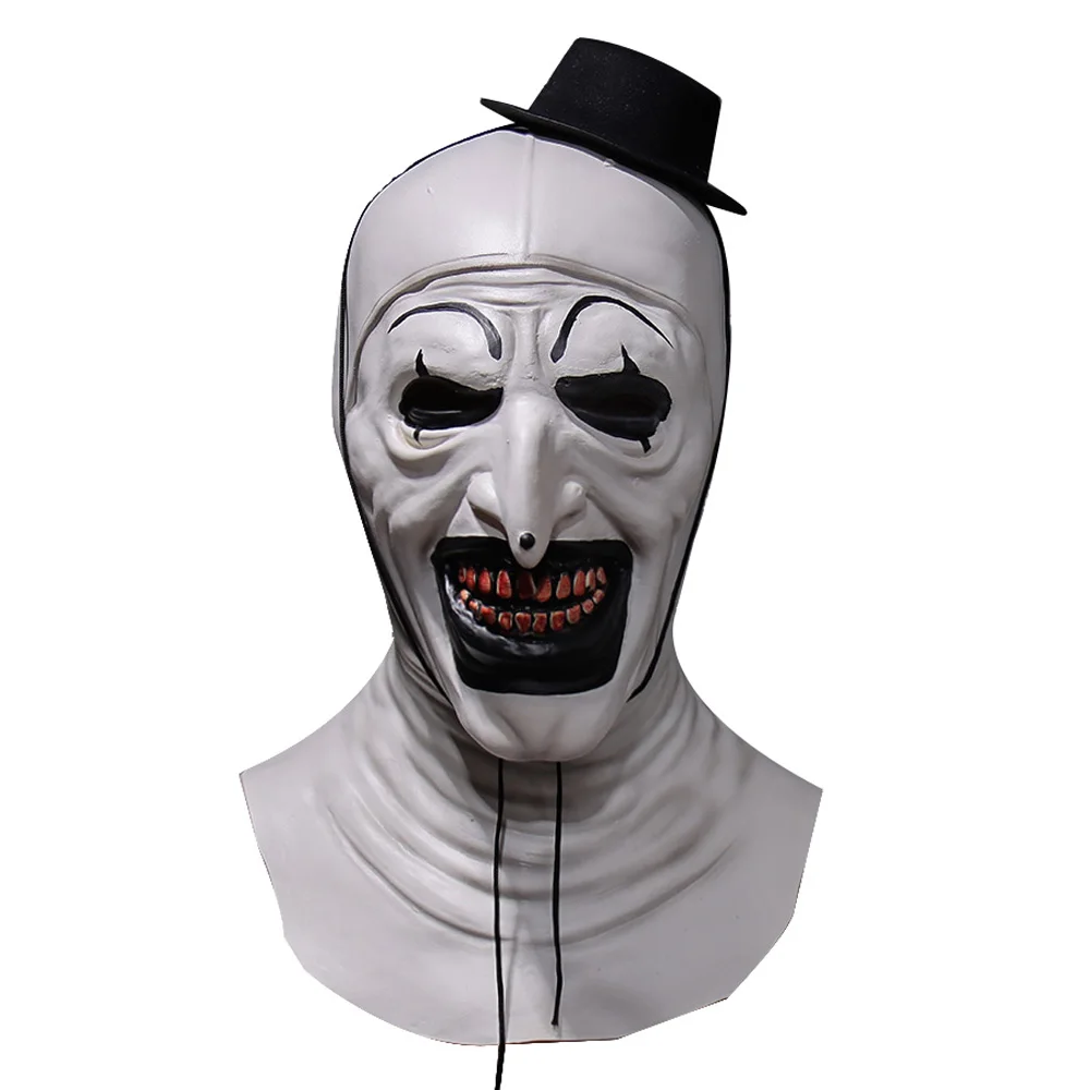 

Creepy Terrifier Art The Clown Mask Cosplay Horror Demon Killer Joker Hat Latex Helmet Halloween Carnival Party Costume Props