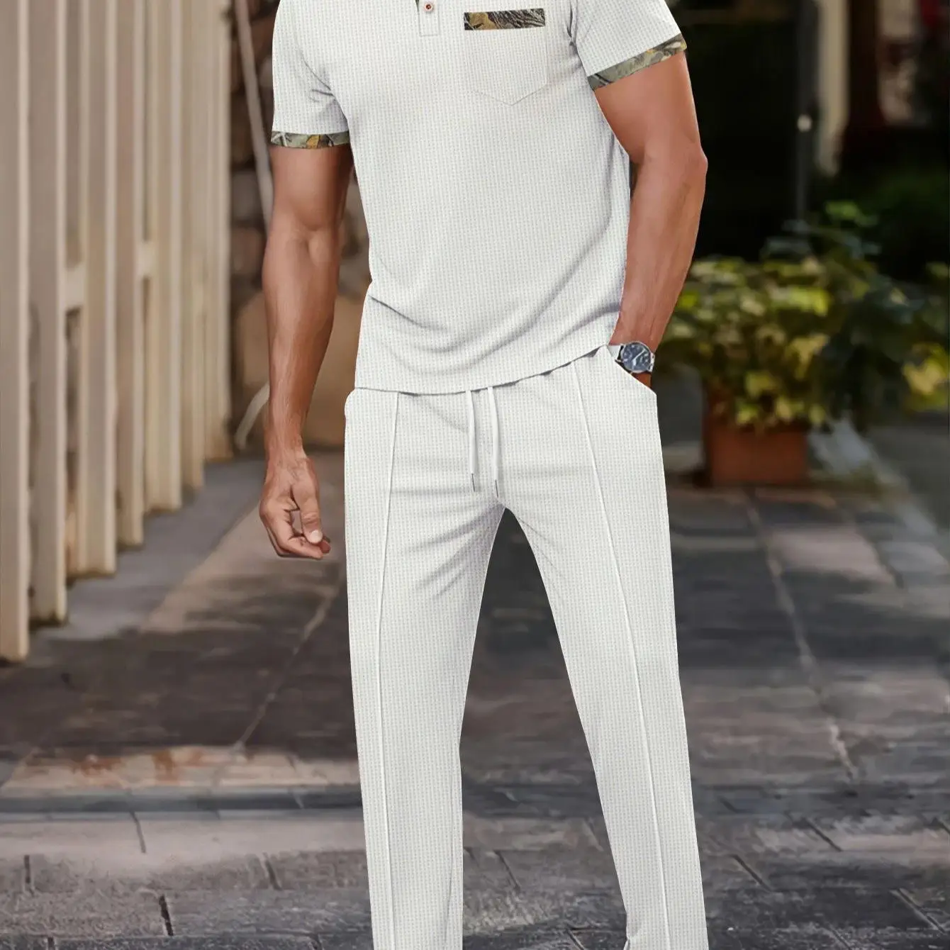 

Summer Casual Men's Checkered Collared Short Sleeve Long Pants Two-Piece Set Fashionable Color Block Design Cross-Border Style