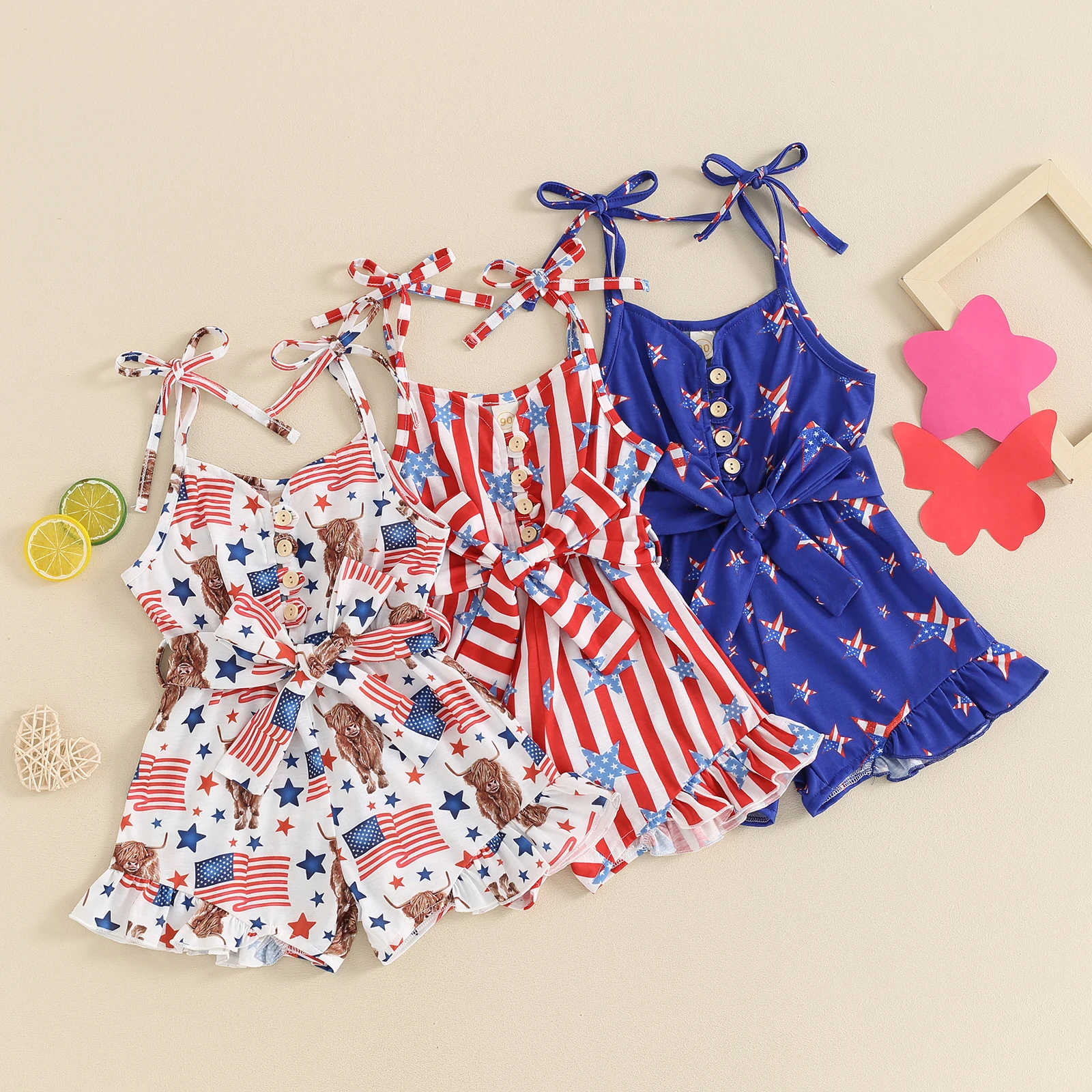 1-5Y Kids Girl 4th of July Romper Cute Sleeveless Tie Strap Button Jumpsuit Independence Day Overalls Playsuit with Belt