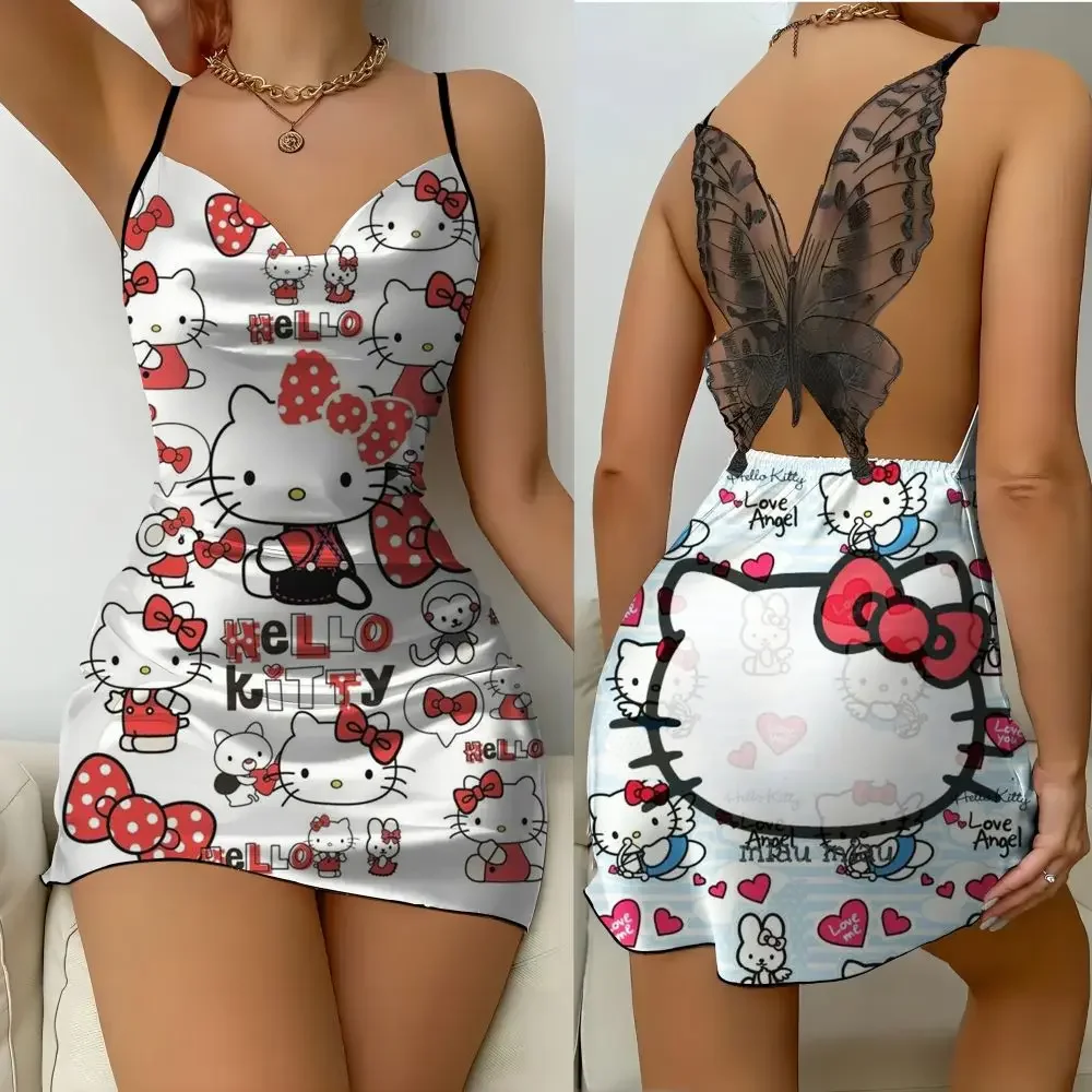 Sukienka do spania z nadrukiem Hello Kitty, moda 2025, letnia, damska, casualowa, elegancka, z odkrytymi plecami, satynowa, wygodna spódnica.