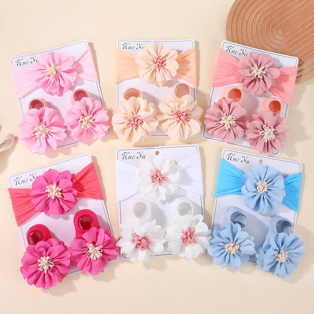 

RAINBOW BOWS, 3 шт., детские банданы с цветочным принтом, набор носков, нежная повязка для волос для малышей, эластичная мягкая шапка, тюрбан, носки, аксессуары для малышей