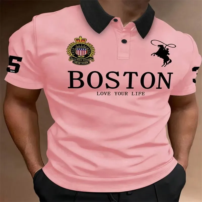 Men's Polo Shirt Color Block Splicing BOSTON Letter Print Short Sleeve Lapel Polo Shirts Casual Streetwear Male Tops
