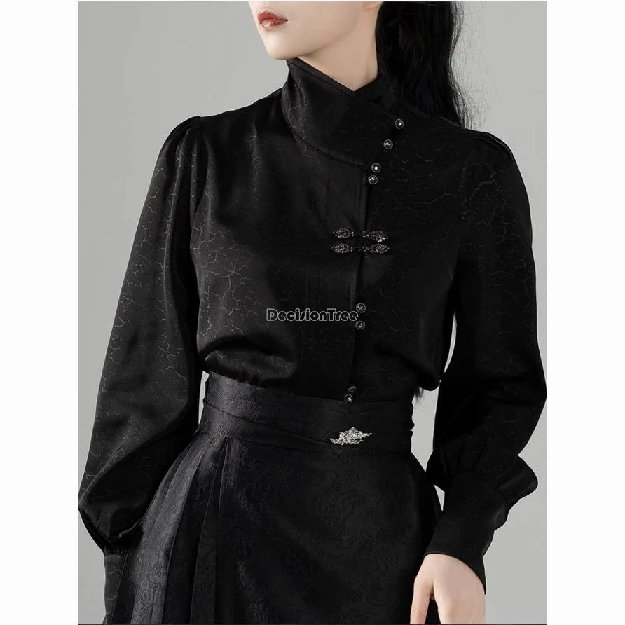 

2025 woman improved daily new chinese style black hanfu shirt irregular design satin stand collarlong sleeve retro style blouse