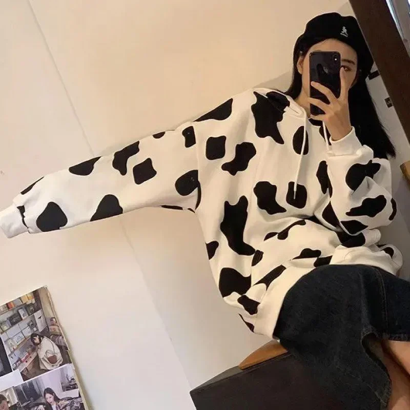 

Spring Autumn New Thin Cow Hooded Sweater Women's Korean Loose Long Sleeve Versatile Y2k Tops Coat Hoodies Women Sweatshirts