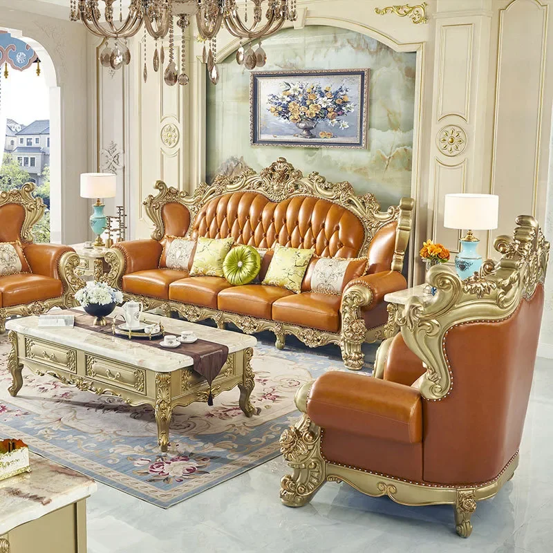 European Carved Solid Wood Leather Sofa Set 1+2+3 Seater Luxury Living Room Furniture for Large Villa Apartment