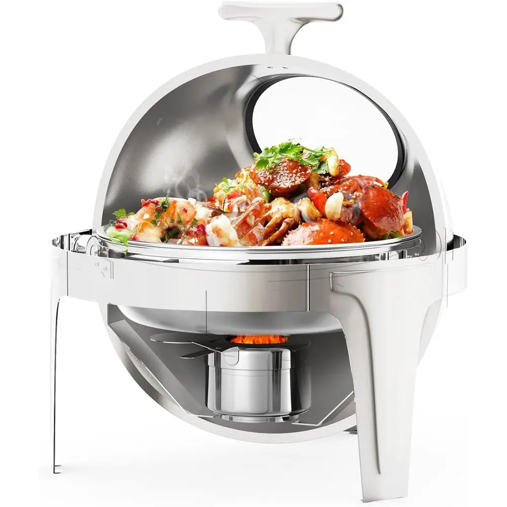 

Stainless Steel 6.3 Qt Round Chafing Dish with Glass Lid for Buffet Warmer, Ideal for Catering and Parties