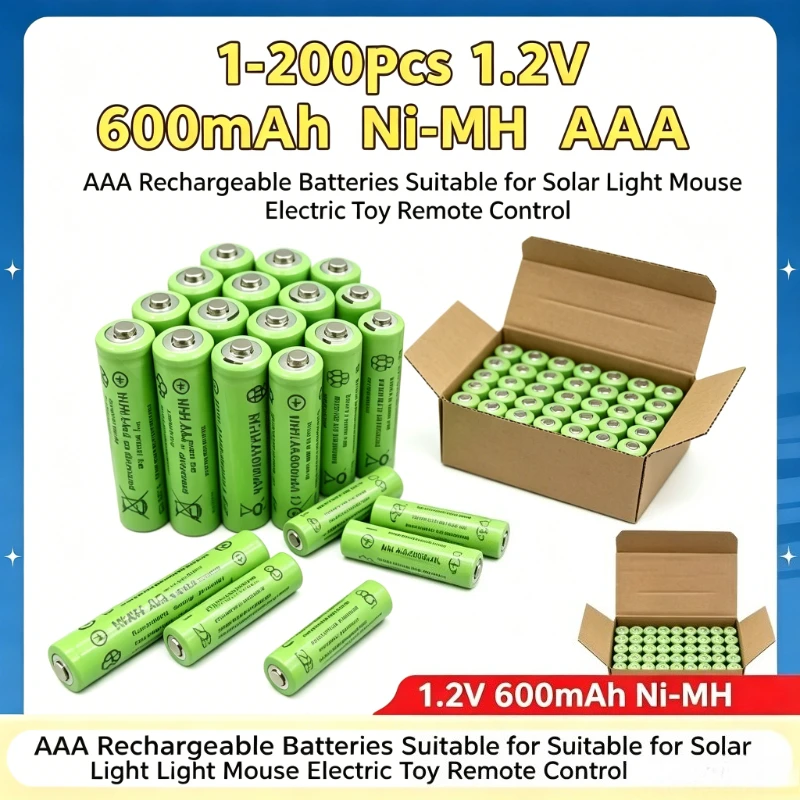 1-200Pcs 1.2V 600mAh Ni-MH AAA Rechargeable Batteries Suitable for Solar Light Mouse Electric Toy Remote Control