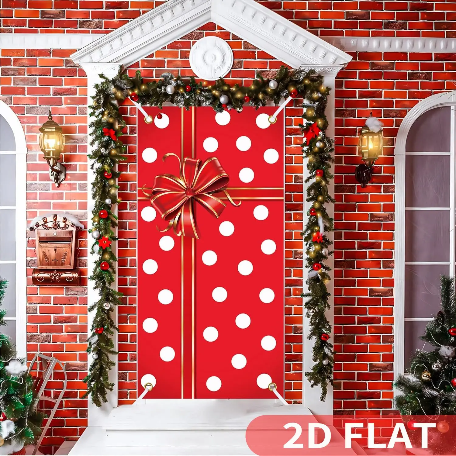 1pc Christmas Gift Bowknot Design Flag Banner, Polyester Red White Polka Dots Door Banner Cover Xmas Gift Box Door Banner