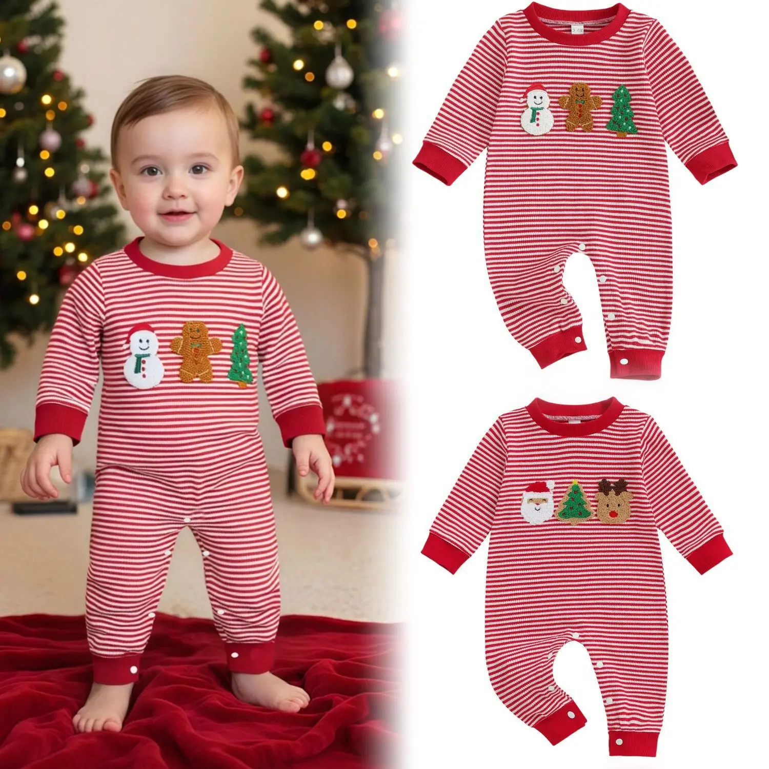 

Трансграничная осенне-зимняя детская уличная одежда, рождественский комбинезон в полоску со снеговиком и круглым вырезом, с длинными рукавами, одежда