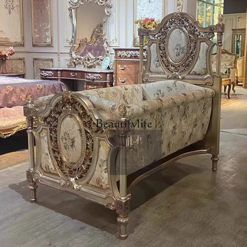 French solid wood carving flower bed European court antique old fabric princess bed