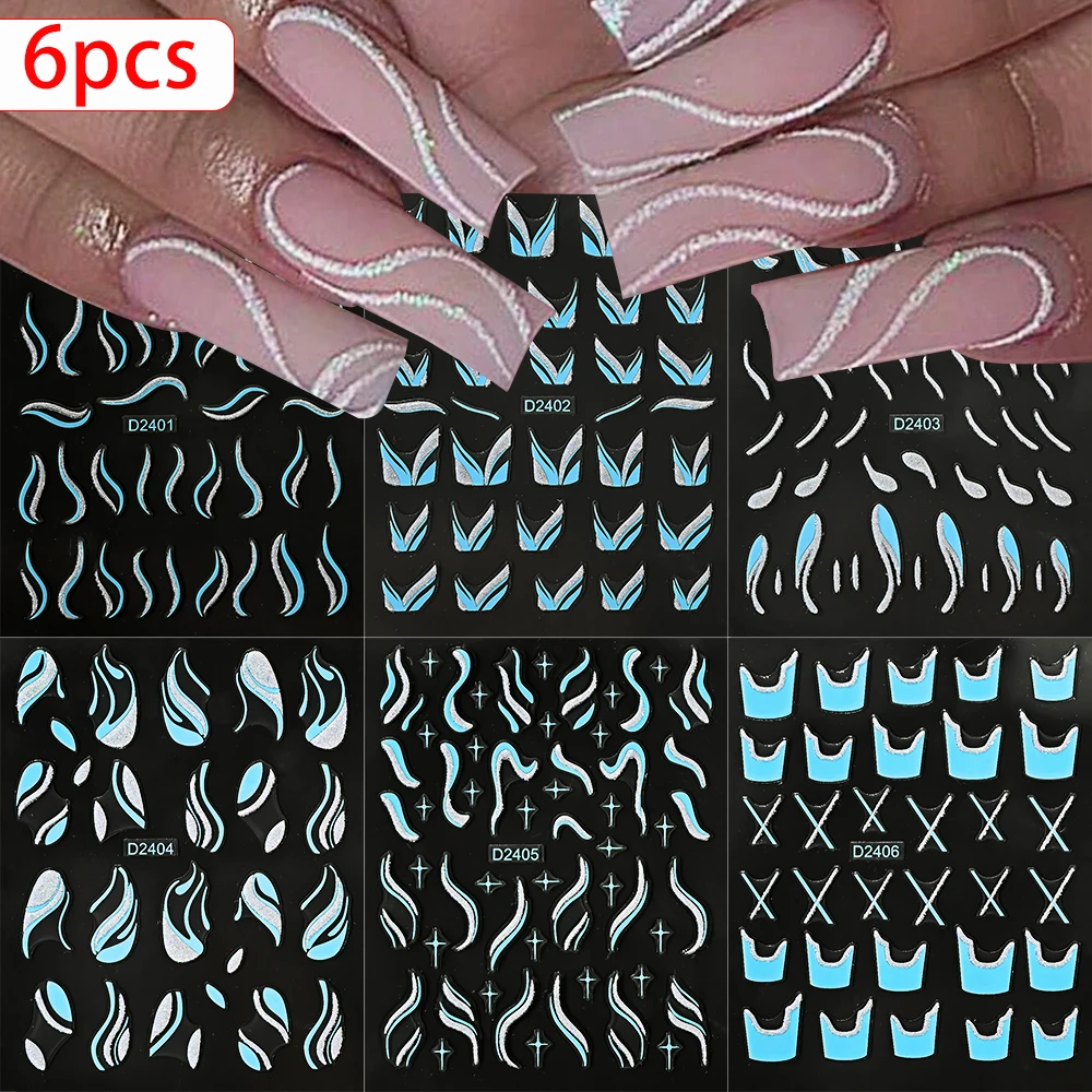 6pcs/Set Blue Gold Glitter French Design 5D Nail Stickers Curve Lines Swirls Wave Nail Sliders Reflective Flakes Decals Manicure