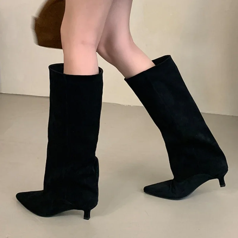 Zimowe buty damskie do kolan z ostrym noskiem na niskim obcasie, styl uliczny 2026, damskie długie botki, buty damskie, zapatos de mujer.
