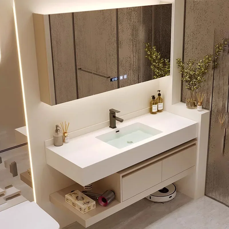 Luxury Cream Style Hotel Bathroom Cabinet Combination Rock Plate Seamless Basin Bathroom Toilet Furniture for YX50BC