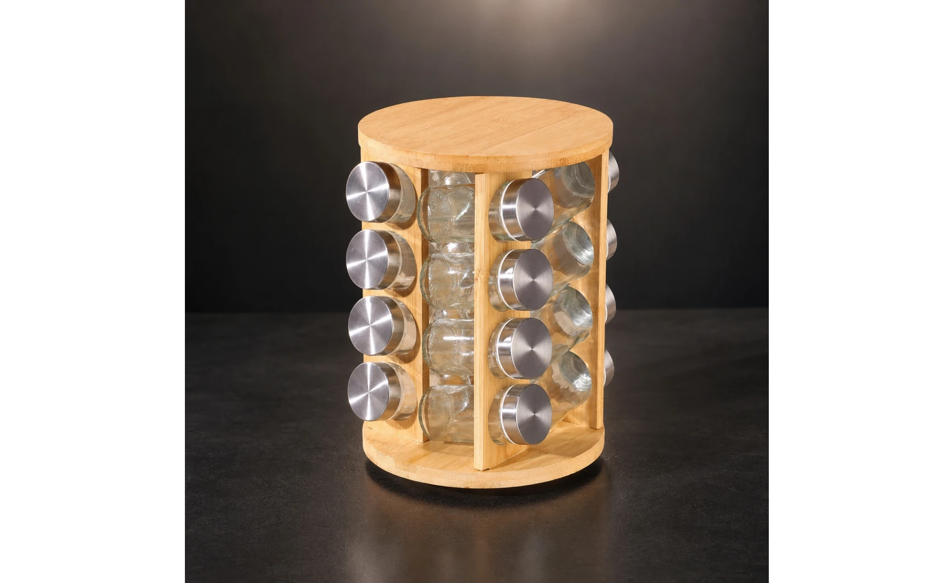 Bamboo Seasoning Rack with Glass Jars Countertop Seasoning Rack with Jars Seasoning Bottle Set Revolving Rotating for Cooks