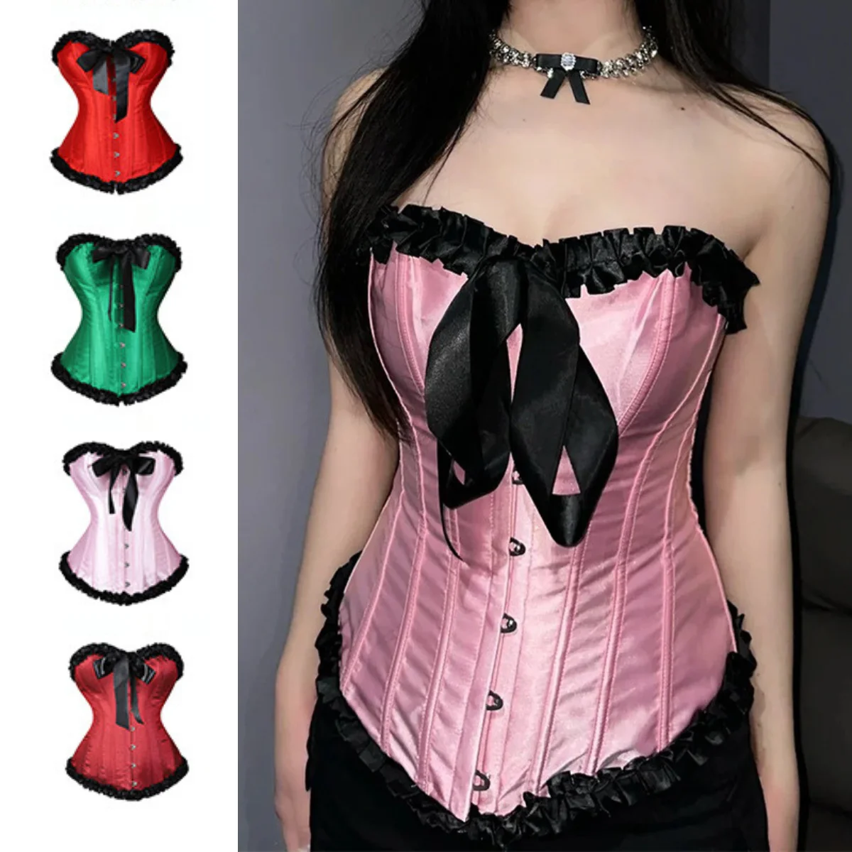 

Plus Size Corset For Women Satin Bow Overbust Bustier Top Body Shaper Lotus Leaf Lace Shapewear Corselet Waist Trainer Underbust