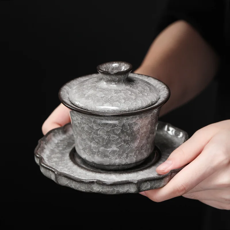 

Черный ледяной цветок керамическая Подкова Gaiwan ледяная трещина чаша для чайной церемонии мастер чашка кувшин фильтр фотография чайный набор