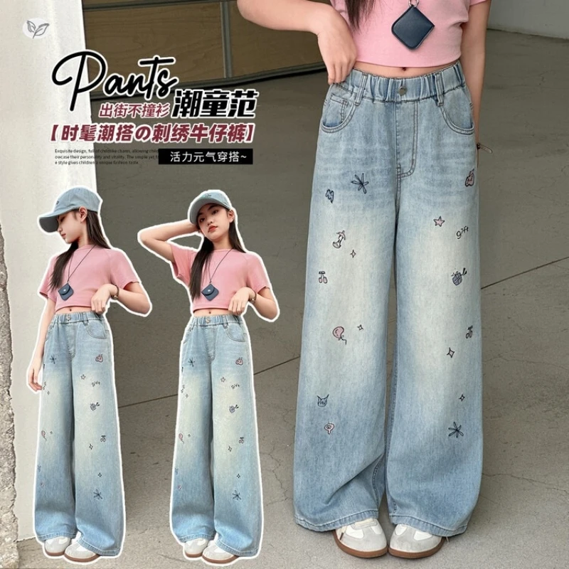 

Girl's Embroidered Straight-Leg Jeans, Summer Light Blue Jeans, Girl's Embroidered Loose Straight-Leg Jeans