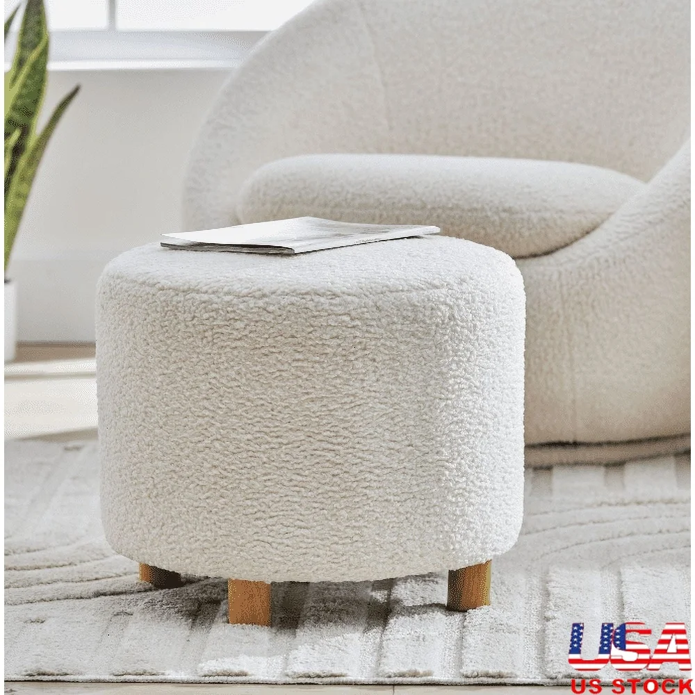 

Faux Sherpa Round Ottoman Plush Upholstered Soft Foam Cushions Solid Wood Legs Indoor Modern Home Decor Easy Assembly