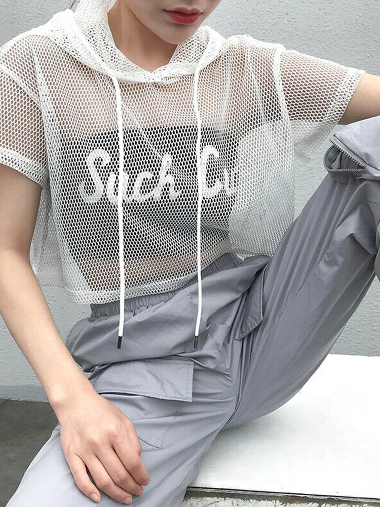 女性用透かし彫りメッシュフード付きTシャツ,半袖Tシャツ,透明な黒のTシャツ,パーティーウェア