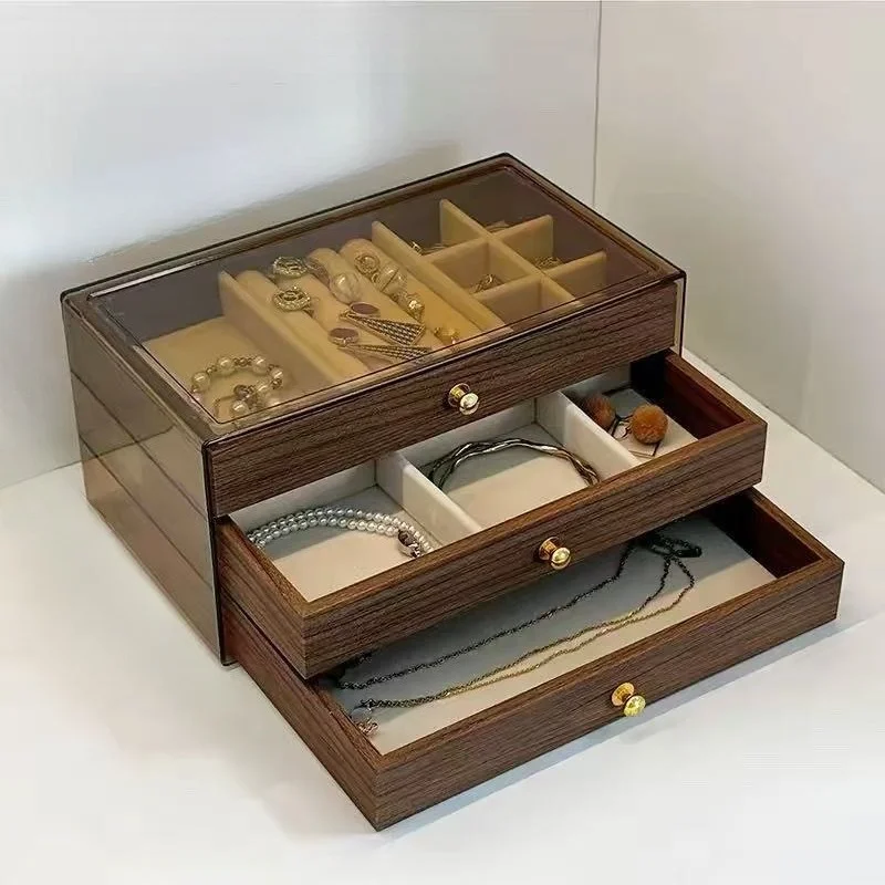 Wooden Ring Display Case Dressers Necklace Collection Cases Women Earrings Organizer Boxes Bedside Table Jewelry Storage Box