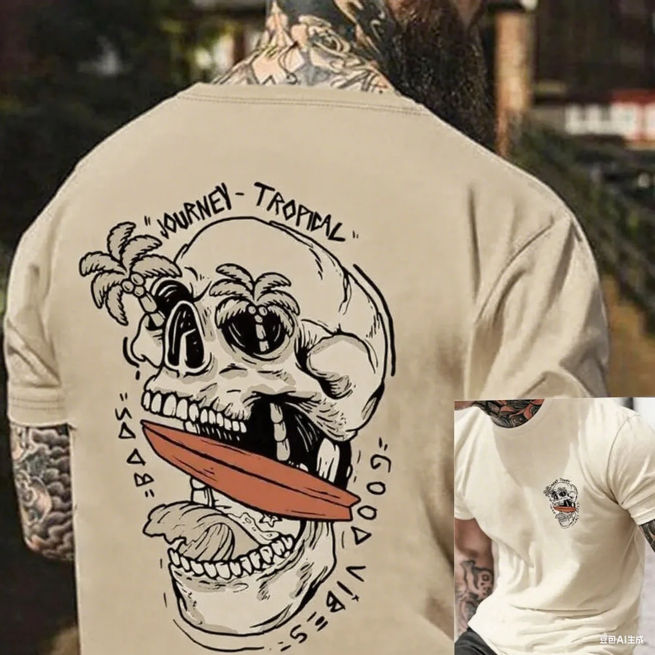 

Mens Cotton Tee Showcasing Skull Graphic with Surfboard and Tropical Vibes Trendy Printed Brand Pure Cotton T-shirt Short Sleeve